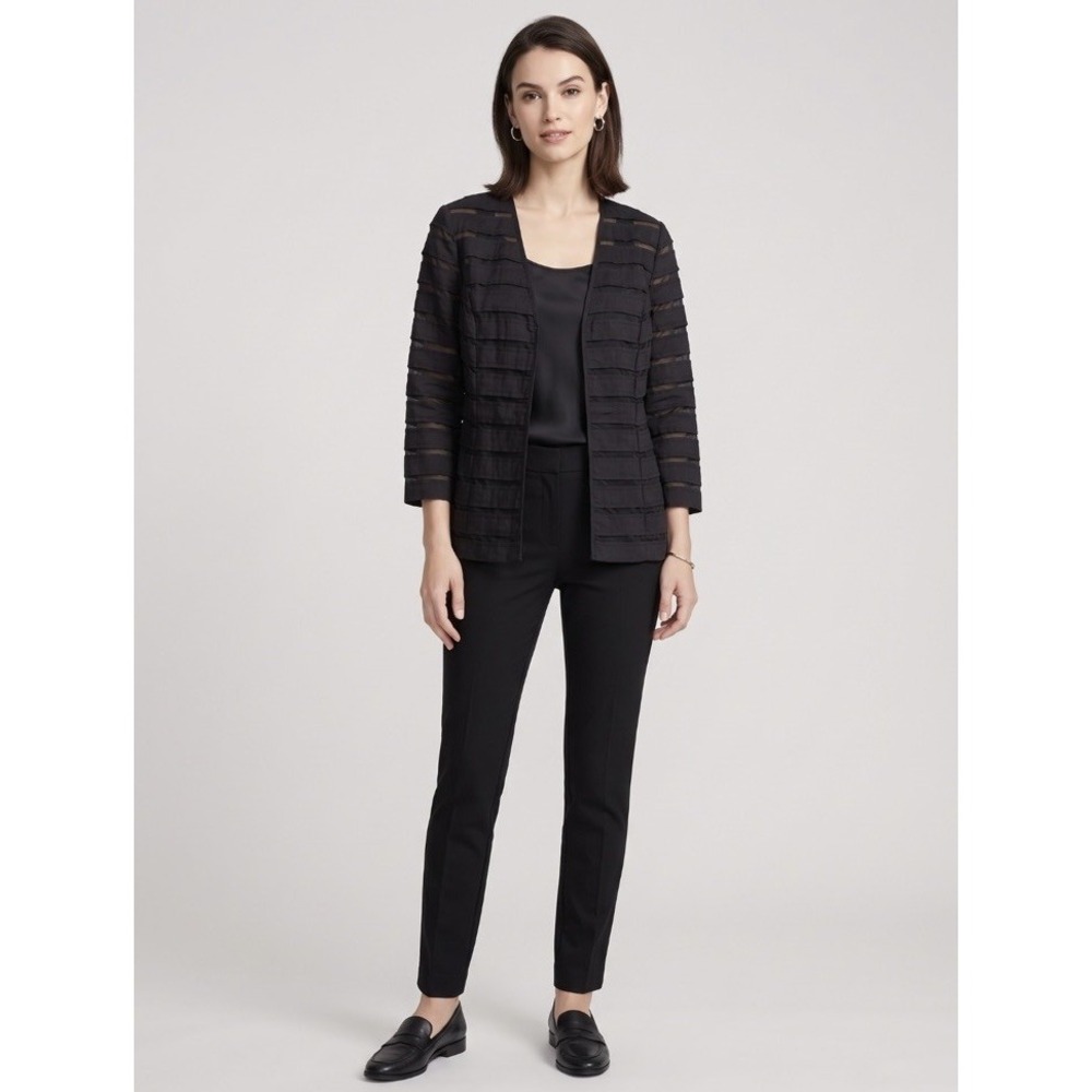 Chico's Black Tiered Ribbon Sheer Mesh Open Front Jacket Blazer Size 0 XS/S